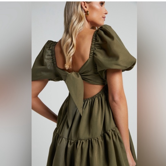 Showpo. Dresses & Skirts - Showpo Olive Army Green Puff Sleeve Tie Back Ruffle Tiered Dress Size 6